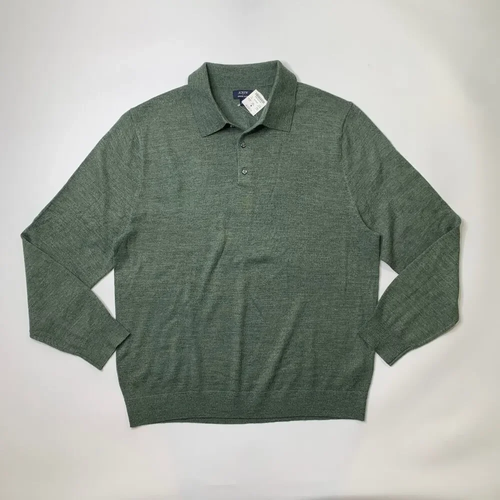 J Crew Sweater Mens XL Extra Large Pine Green Merino Wool Blend Long Sleeve Polo